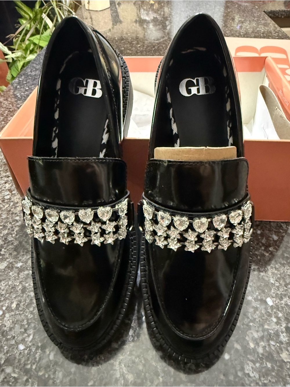 Gianni Bini women’s Black Patent Loafers with Crystal Strap -